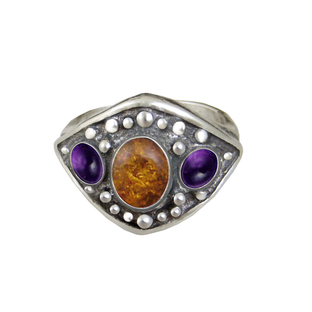 Sterling Silver Medieval Lady's Ring with Amber And Amethyst Size 9